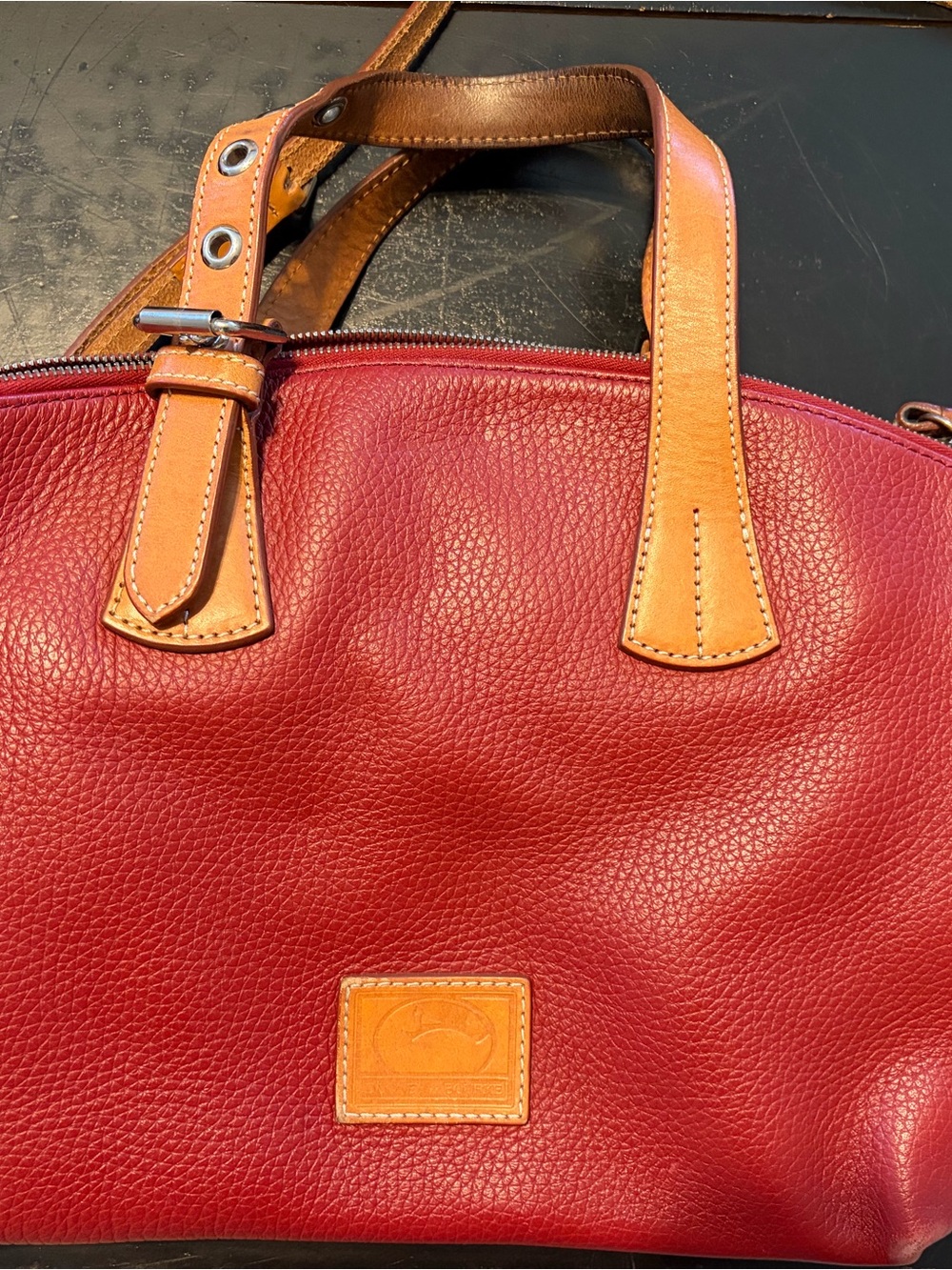 Dooney & Bourke deep red Leather Dome Satchel with Tan Trim